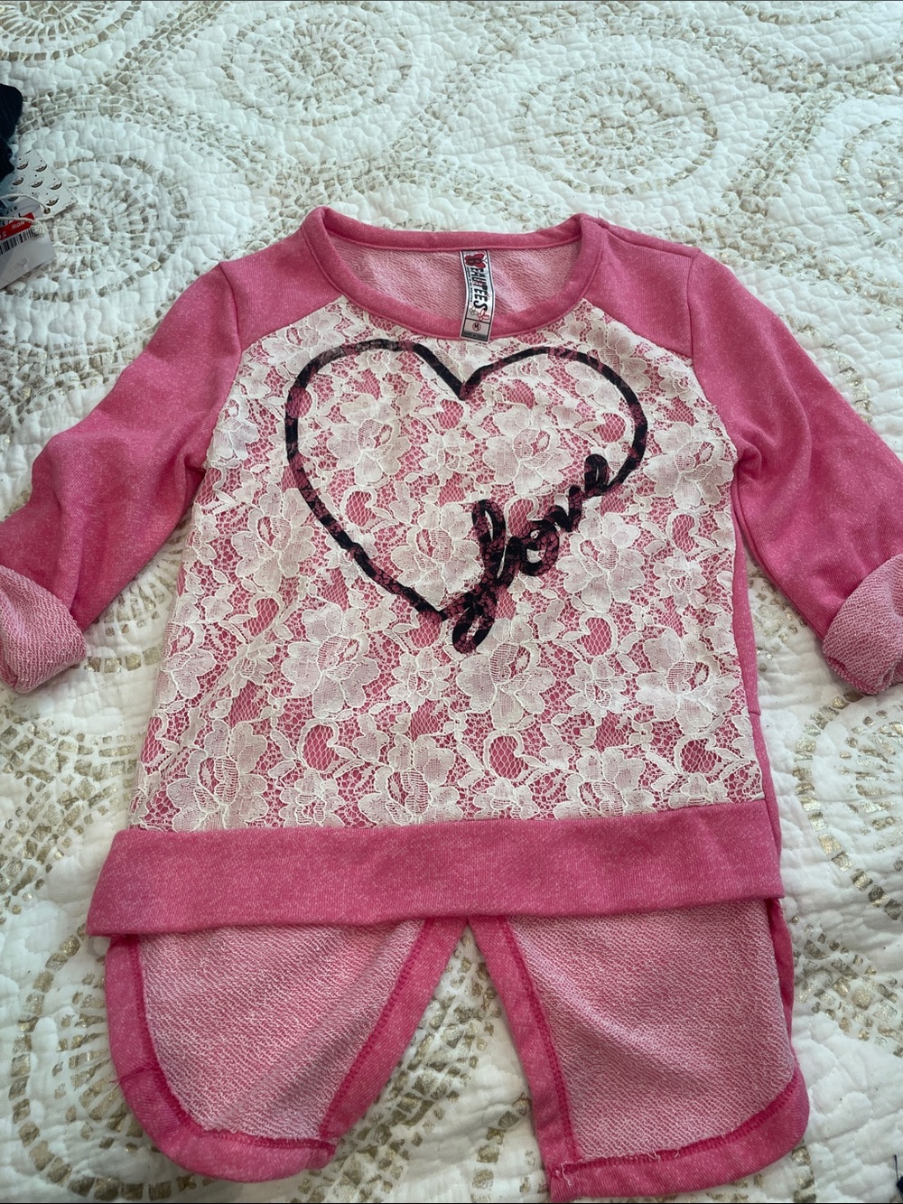 Beautees Pink Lace Heart  Top with Black Love Graphic